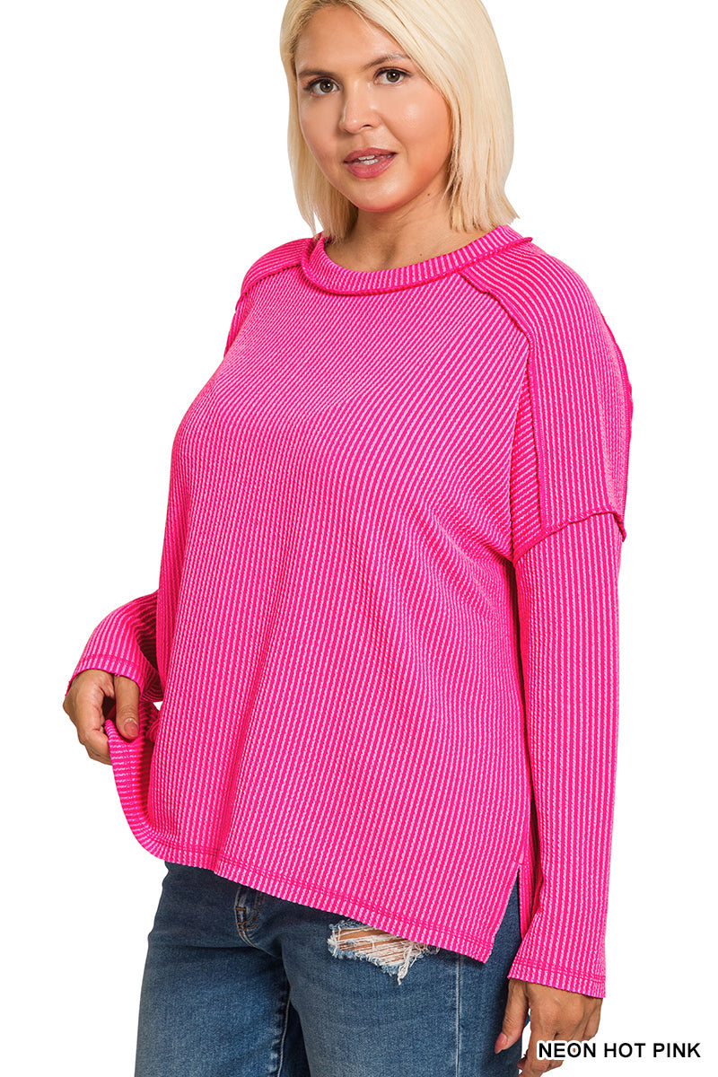 Plus raised rib raw edge boat neck long sleeve top