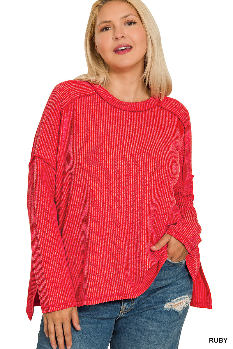 Plus raised rib raw edge boat neck long sleeve top