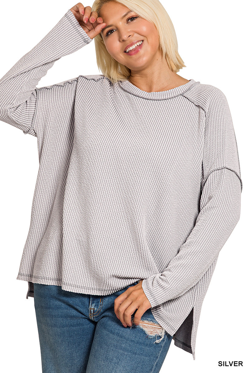 Plus raised rib raw edge boat neck long sleeve top