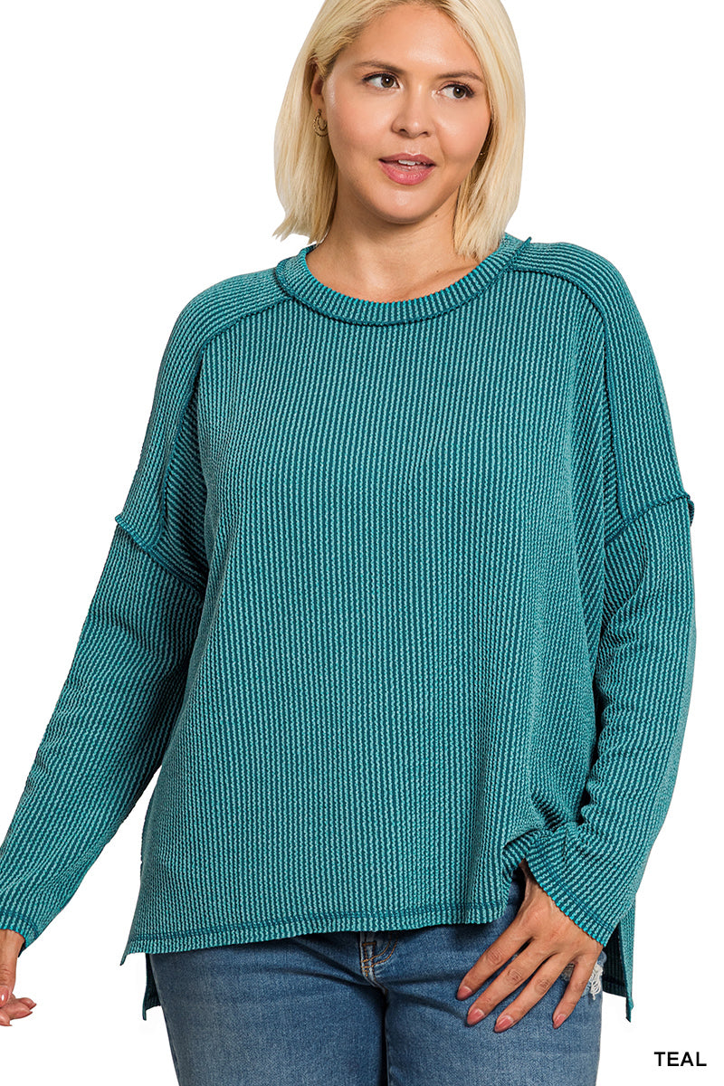 Plus raised rib raw edge boat neck long sleeve top