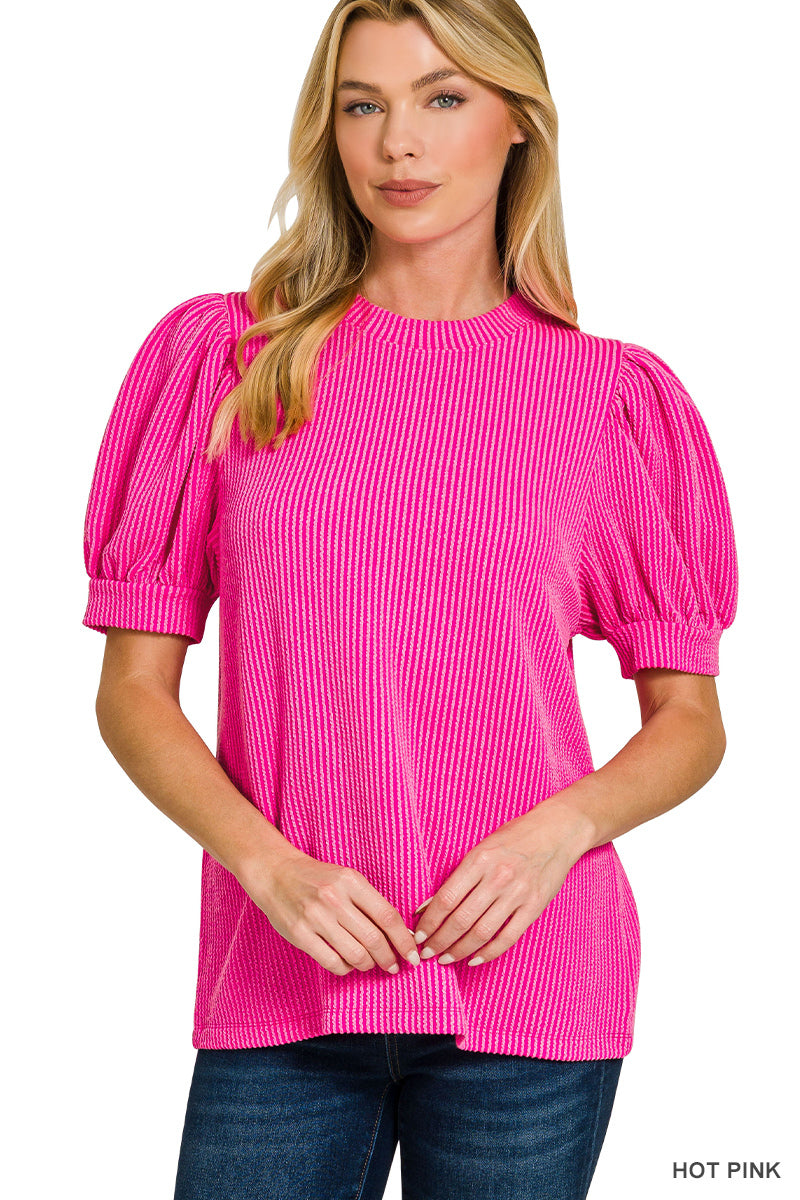 Zenana Raised Rib Puff Sleeve Top