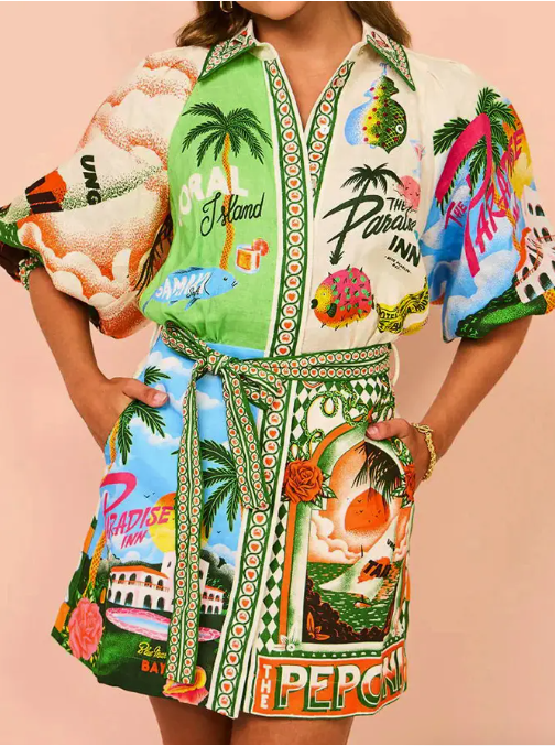 Tropical Print Button-Down Summer Shirt Dress