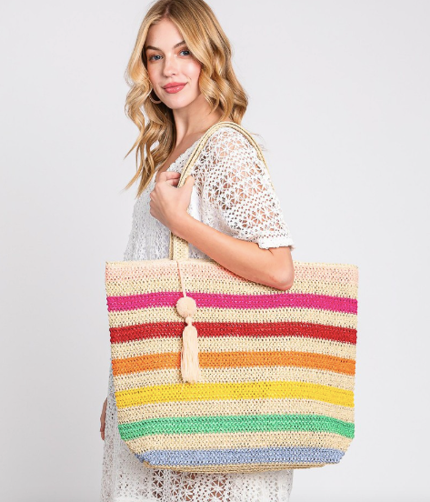 Striped Crochet Tote with Pom Tassel