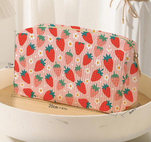 Strawberries & Flowers Corduroy Make Up Pouch