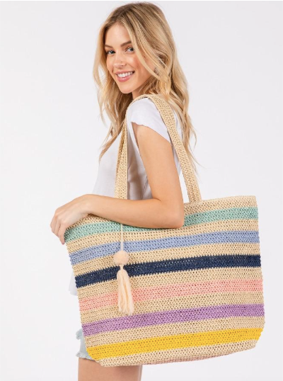 Striped Crochet Tote with Pom Tassel