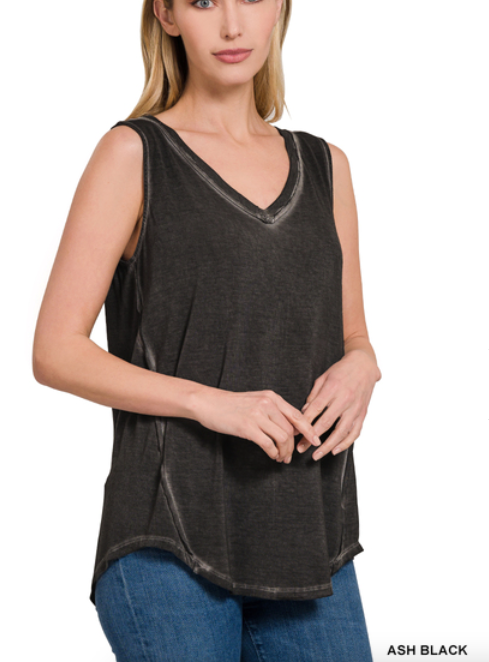 Washed Sleeveless V-Neck Top W/ Hi-Low Hem