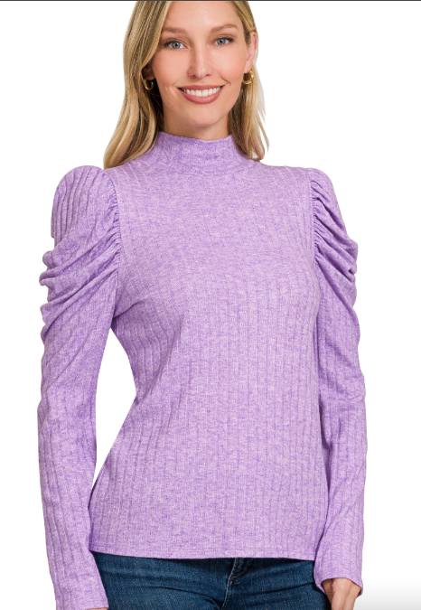 Ribbed Puff Long Sleeve Mock Neck Top