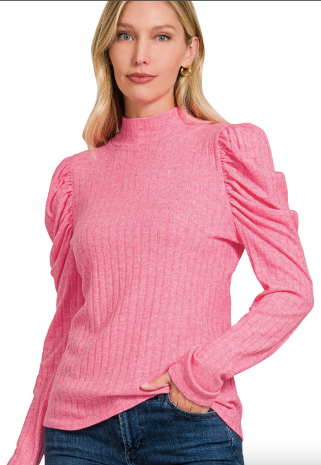 Ribbed Puff Long Sleeve Mock Neck Top