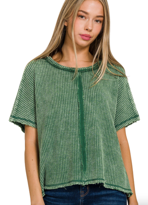 Washed Waffle Short Sleeve Top Zenana