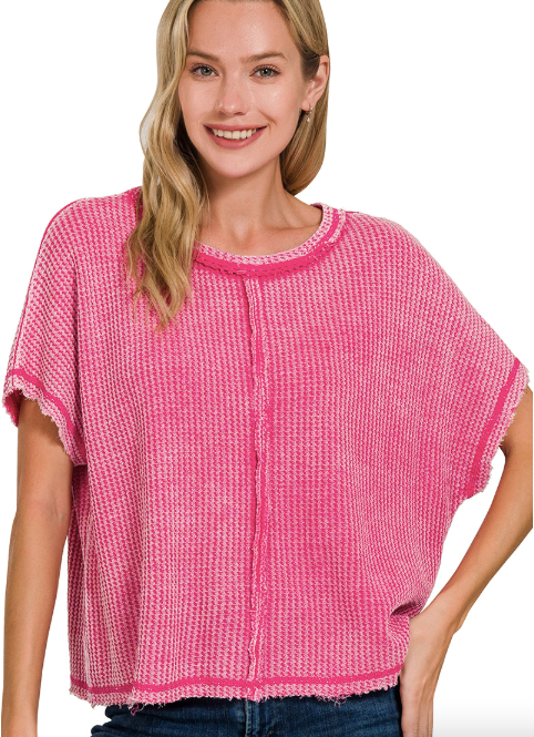 Washed Waffle Short Sleeve Top Zenana