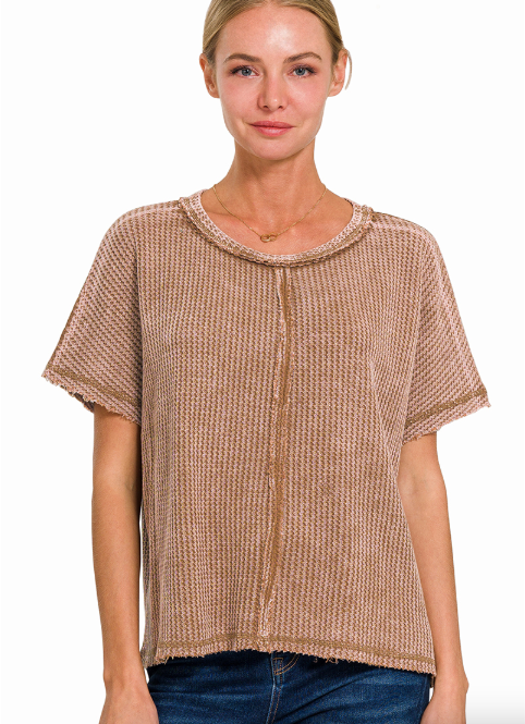 Washed Waffle Short Sleeve Top Zenana