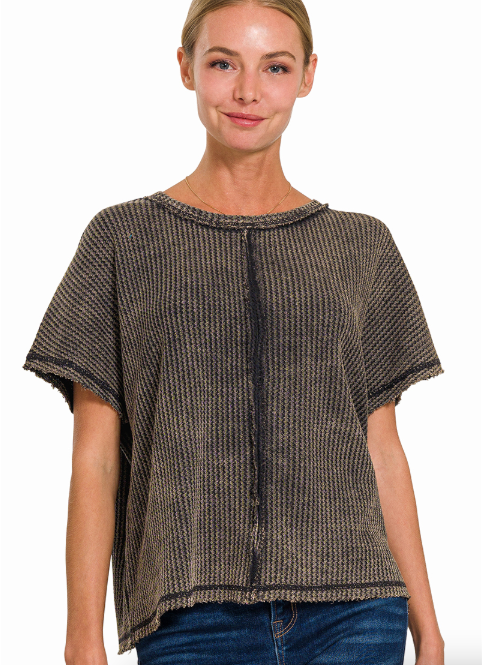 Washed Waffle Short Sleeve Top Zenana