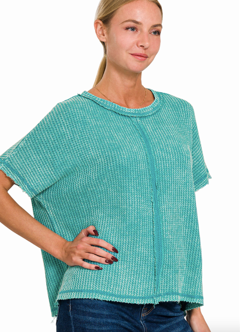 Washed Waffle Short Sleeve Top Zenana