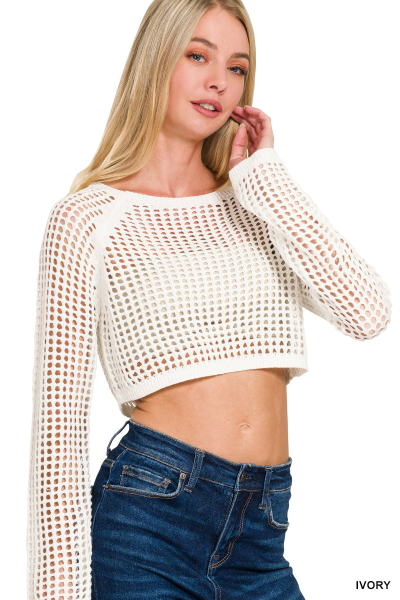 HOLLOW KNITTED CROPPED ROUND NECK SWEATER