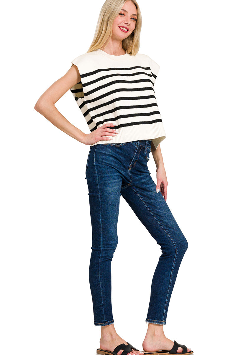 OVERSIZED CREW NECK STRIPE SWEATER VEST - Zenana