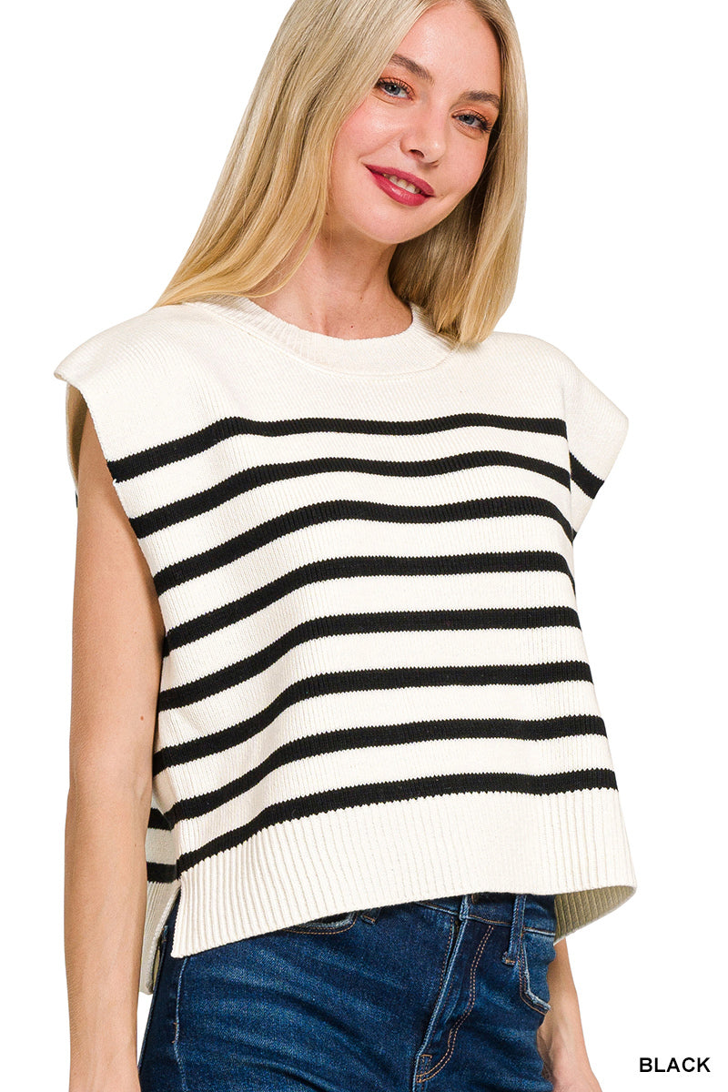 OVERSIZED CREW NECK STRIPE SWEATER VEST - Zenana