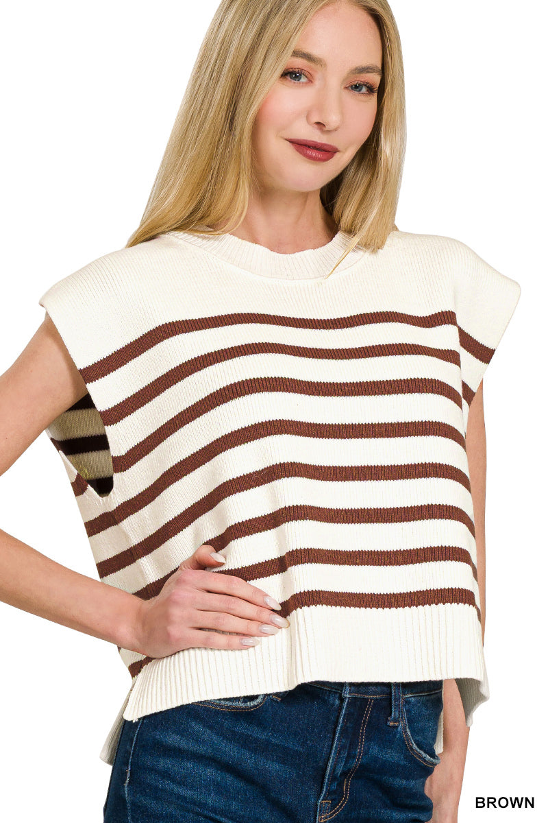 OVERSIZED CREW NECK STRIPE SWEATER VEST - Zenana