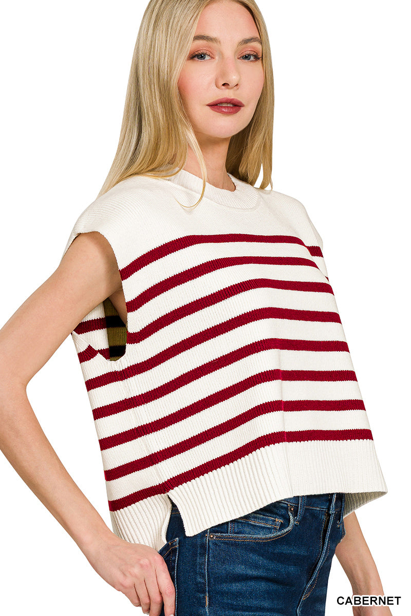 OVERSIZED CREW NECK STRIPE SWEATER VEST - Zenana