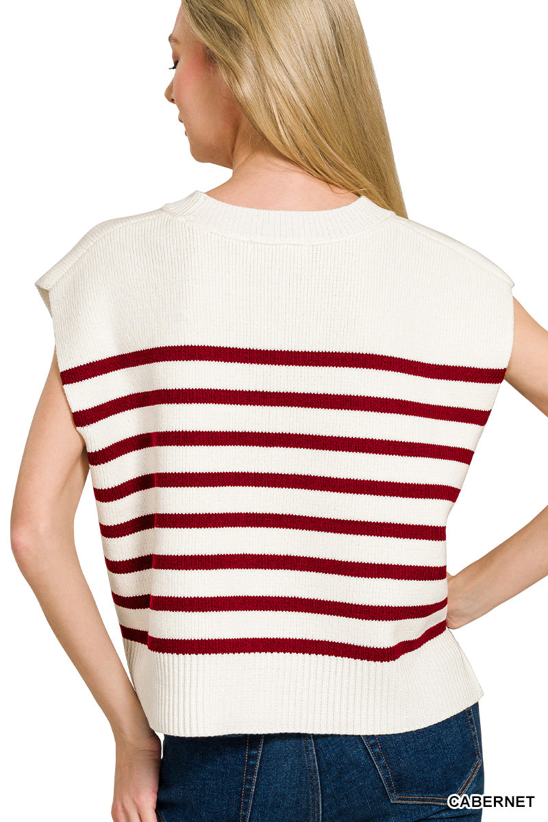 OVERSIZED CREW NECK STRIPE SWEATER VEST - Zenana