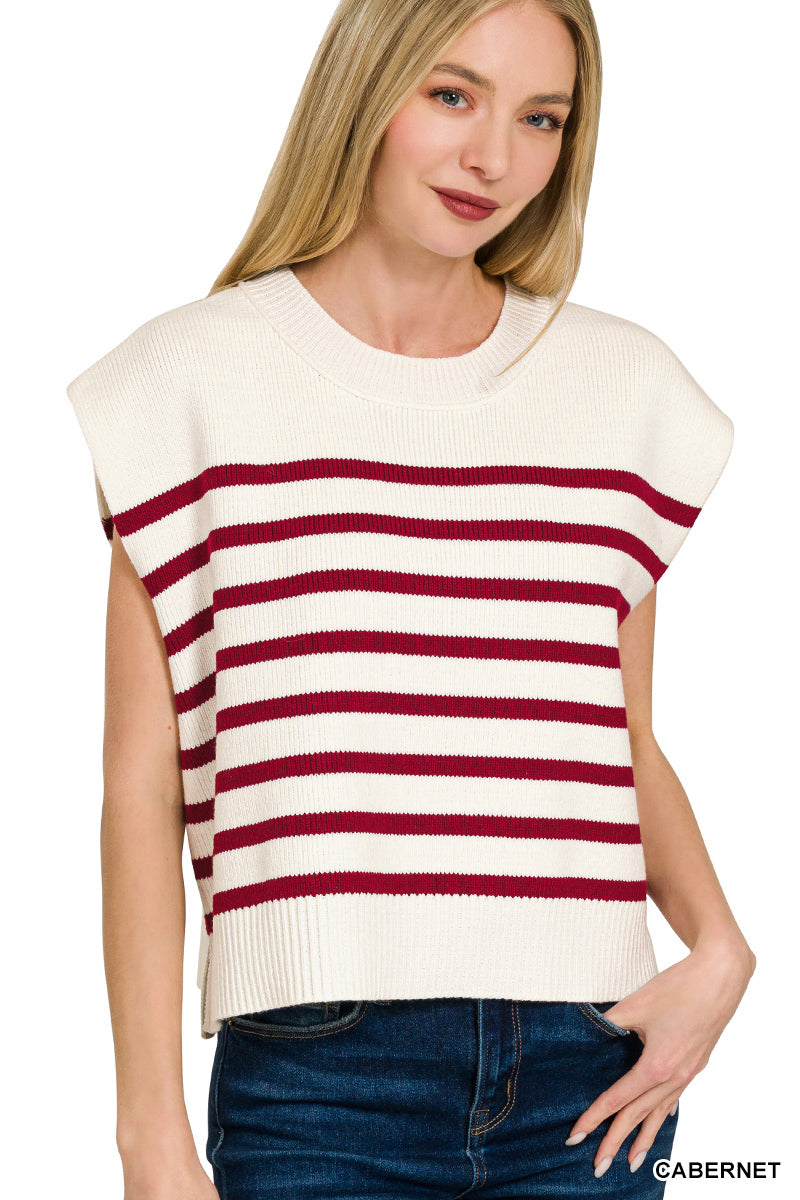 OVERSIZED CREW NECK STRIPE SWEATER VEST - Zenana