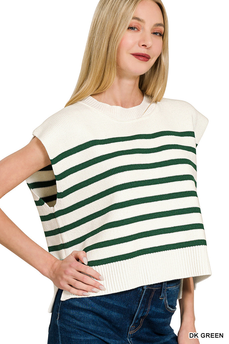 OVERSIZED CREW NECK STRIPE SWEATER VEST - Zenana