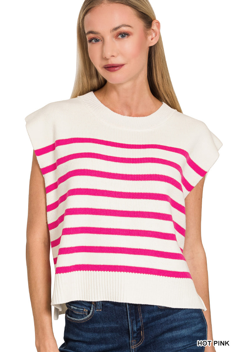 OVERSIZED CREW NECK STRIPE SWEATER VEST - Zenana