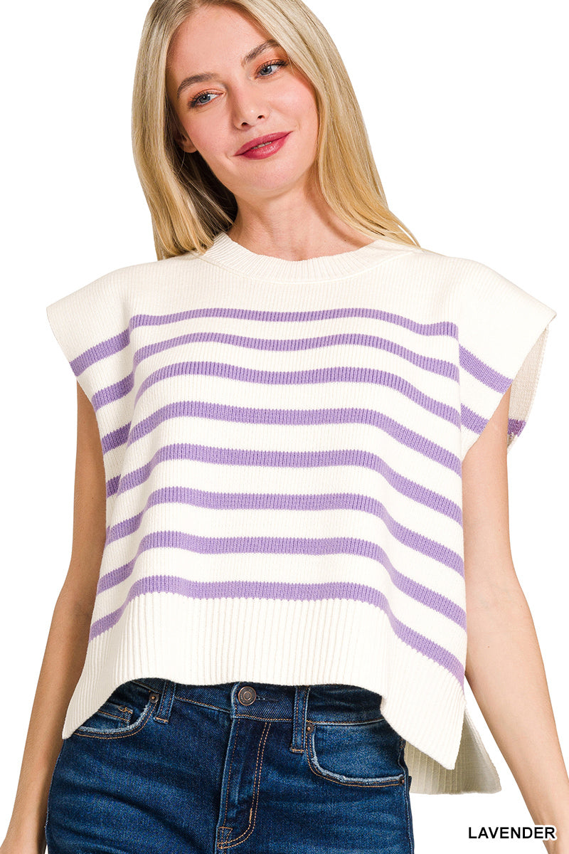 OVERSIZED CREW NECK STRIPE SWEATER VEST - Zenana