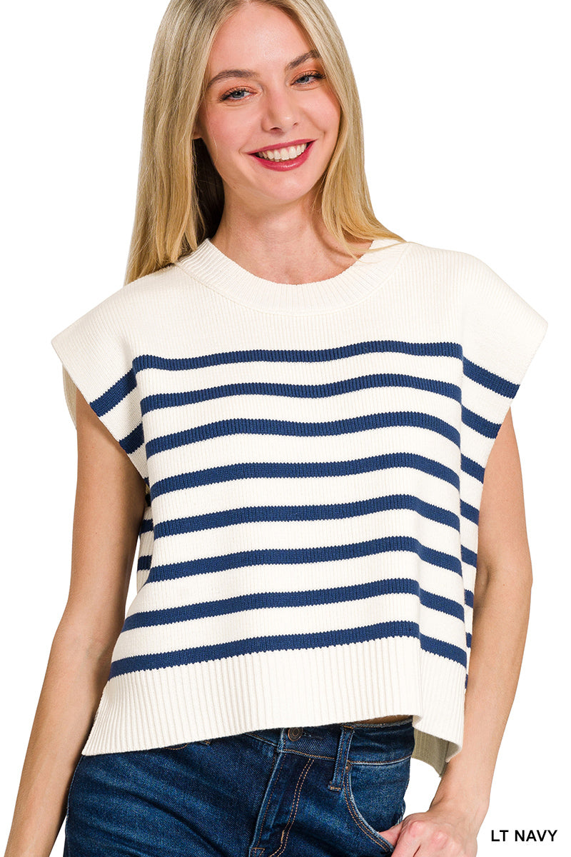 OVERSIZED CREW NECK STRIPE SWEATER VEST - Zenana