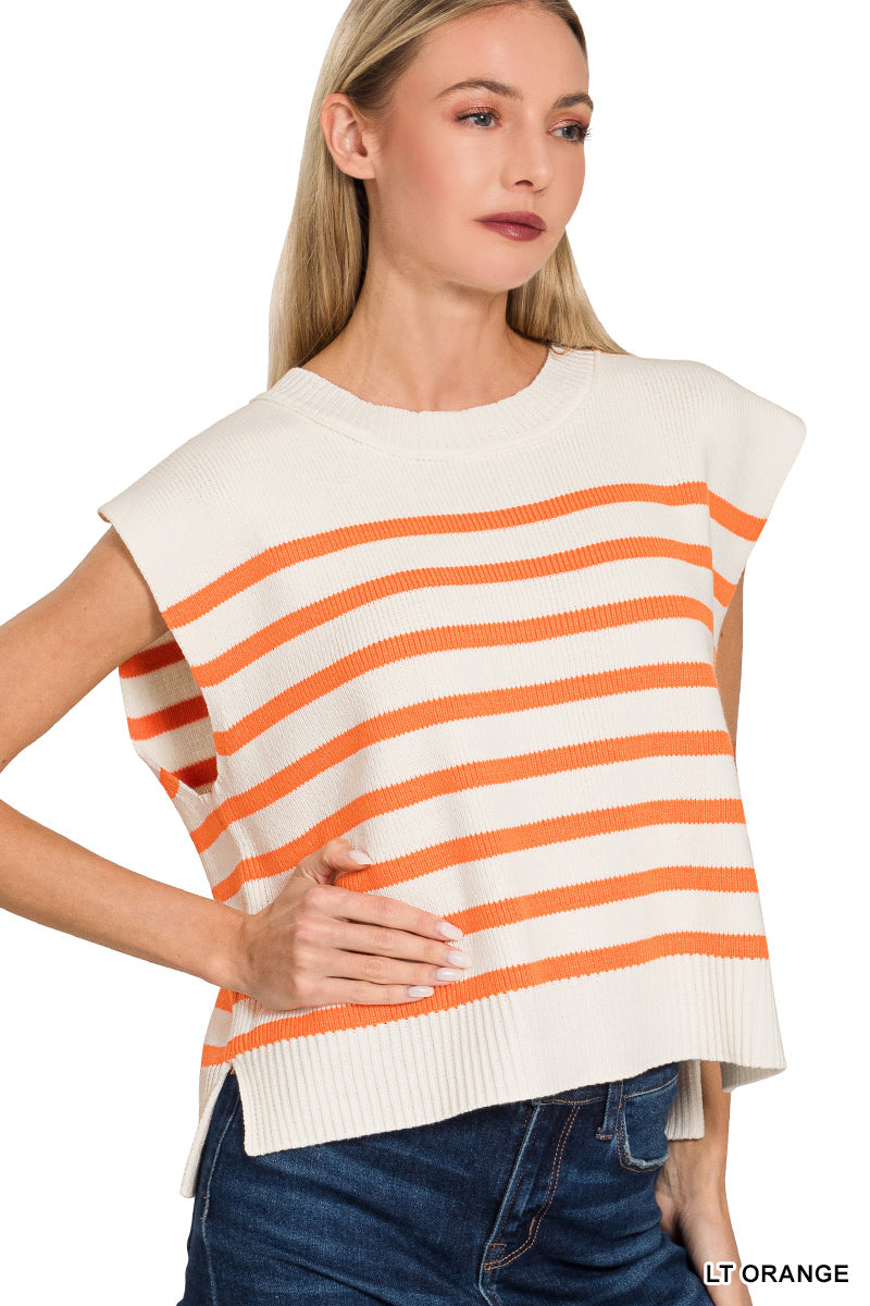 OVERSIZED CREW NECK STRIPE SWEATER VEST - Zenana