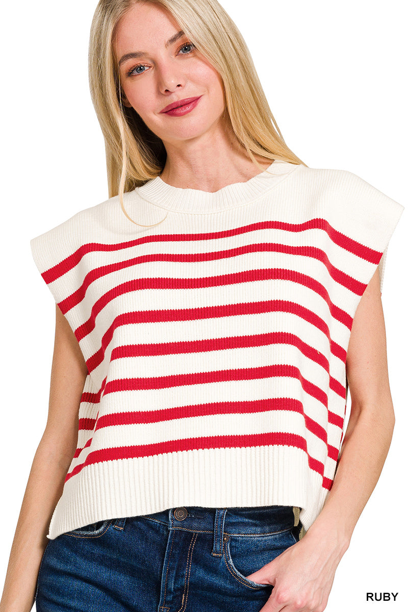 OVERSIZED CREW NECK STRIPE SWEATER VEST - Zenana