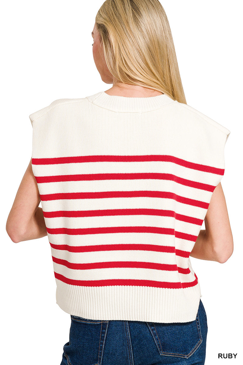 OVERSIZED CREW NECK STRIPE SWEATER VEST - Zenana