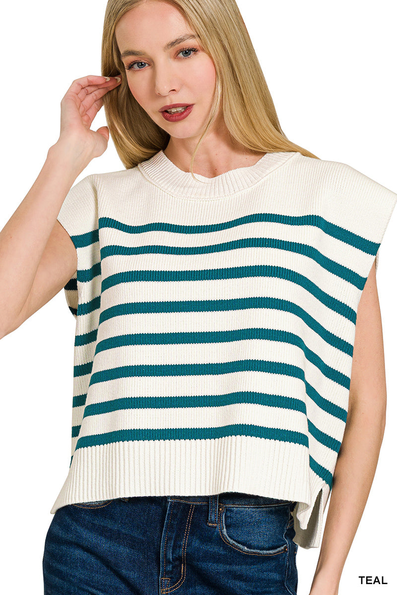 OVERSIZED CREW NECK STRIPE SWEATER VEST - Zenana