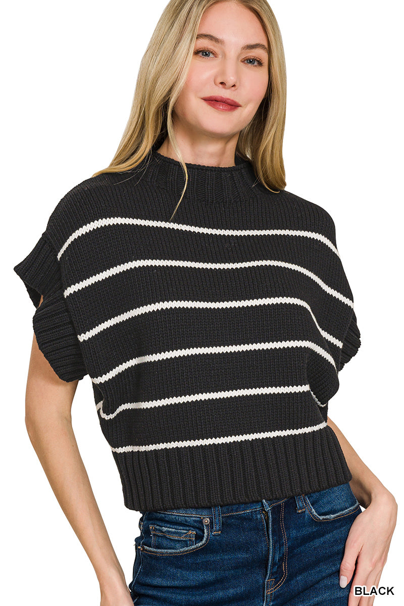 STRIPED CROPPED MOCK NECK SWEATER