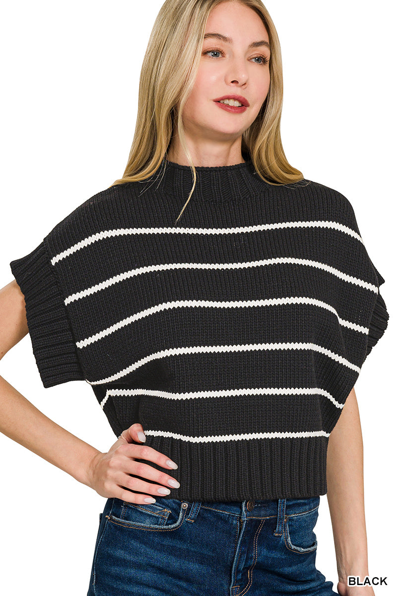 STRIPED CROPPED MOCK NECK SWEATER