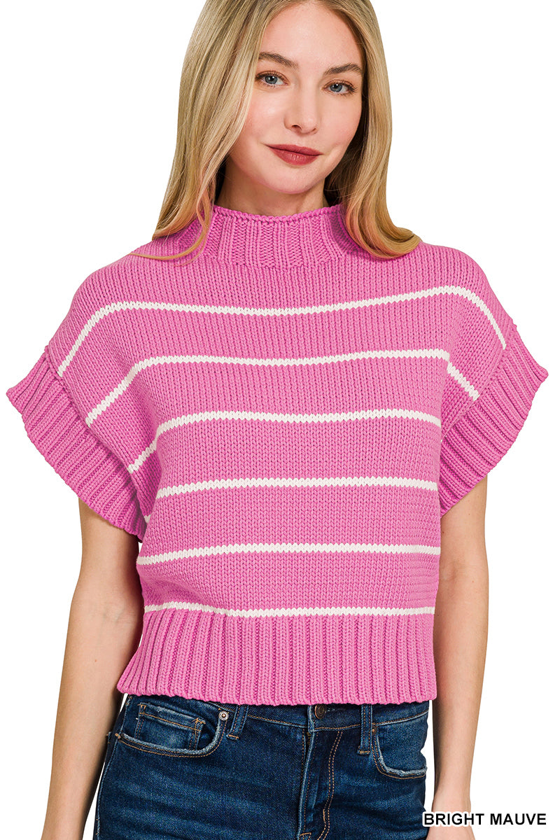 STRIPED CROPPED MOCK NECK SWEATER
