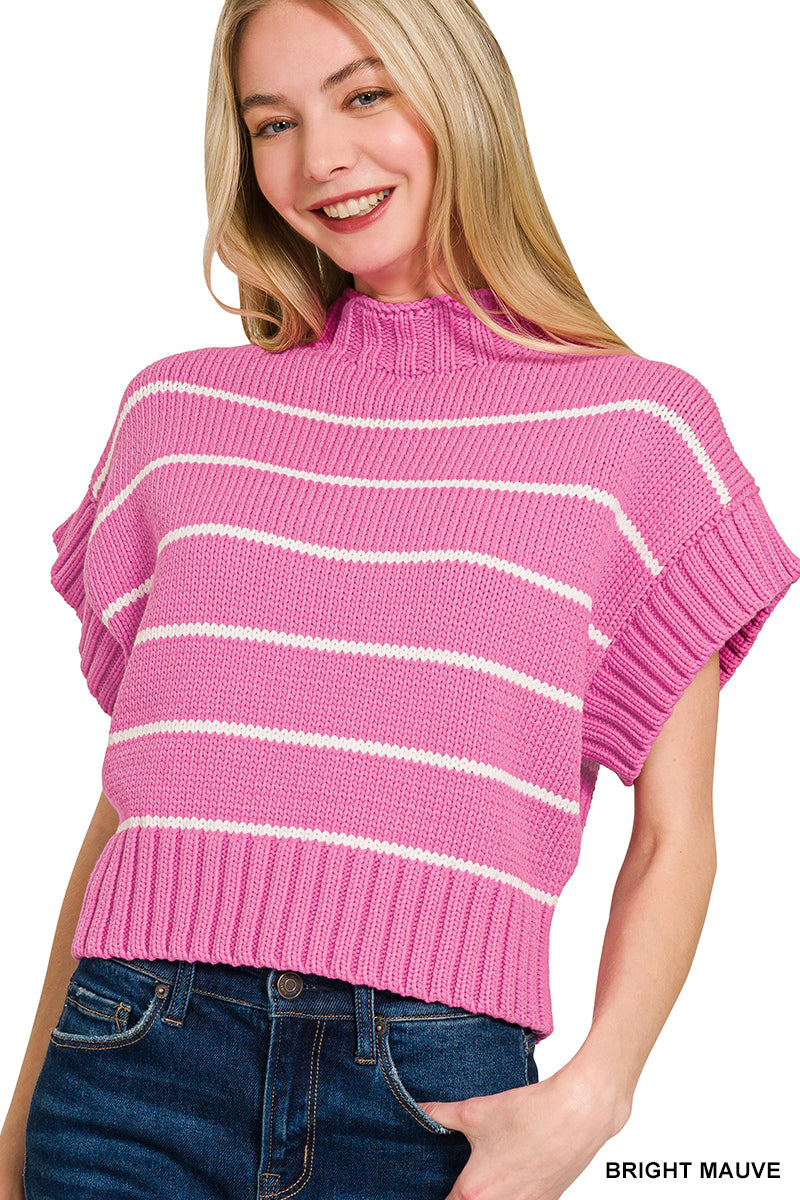 STRIPED CROPPED MOCK NECK SWEATER