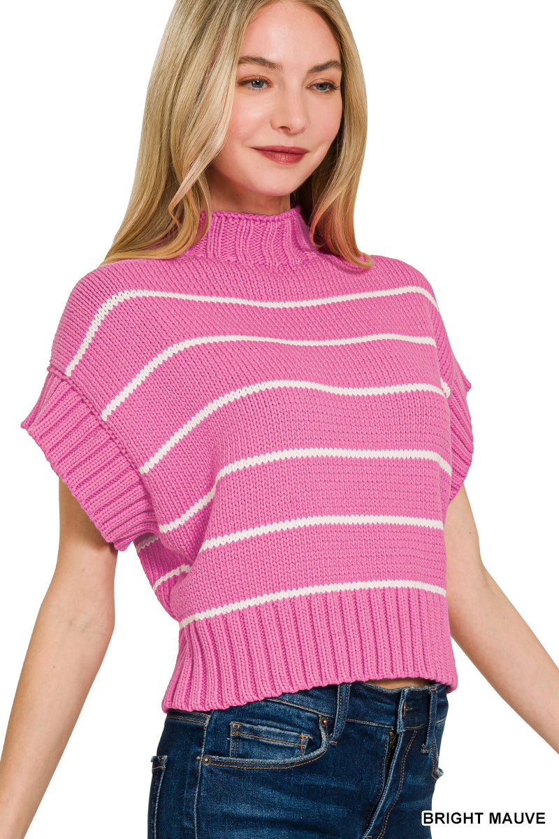 STRIPED CROPPED MOCK NECK SWEATER