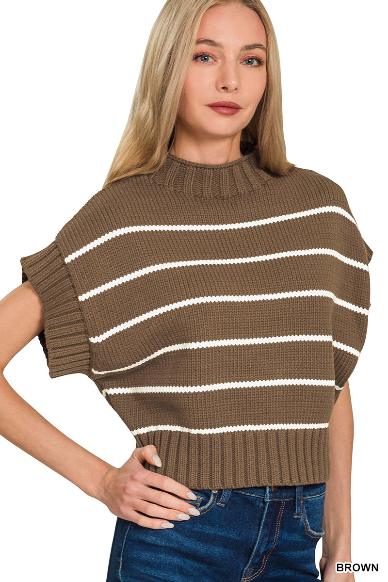 STRIPED CROPPED MOCK NECK SWEATER