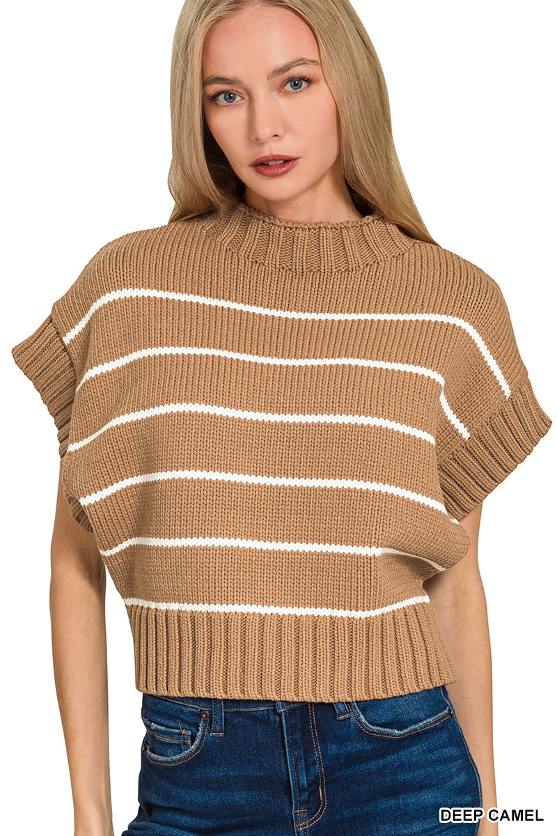 STRIPED CROPPED MOCK NECK SWEATER