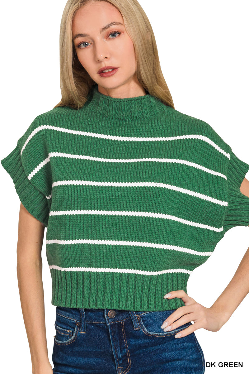 STRIPED CROPPED MOCK NECK SWEATER