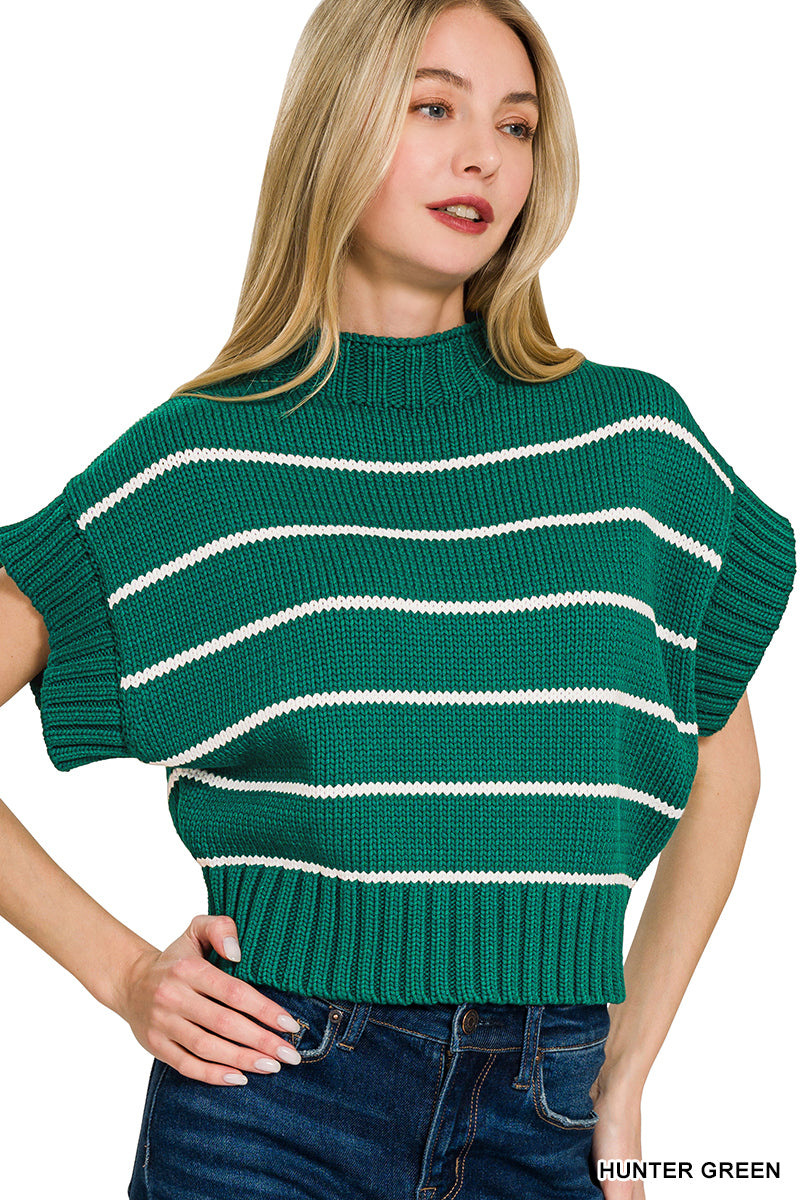 STRIPED CROPPED MOCK NECK SWEATER
