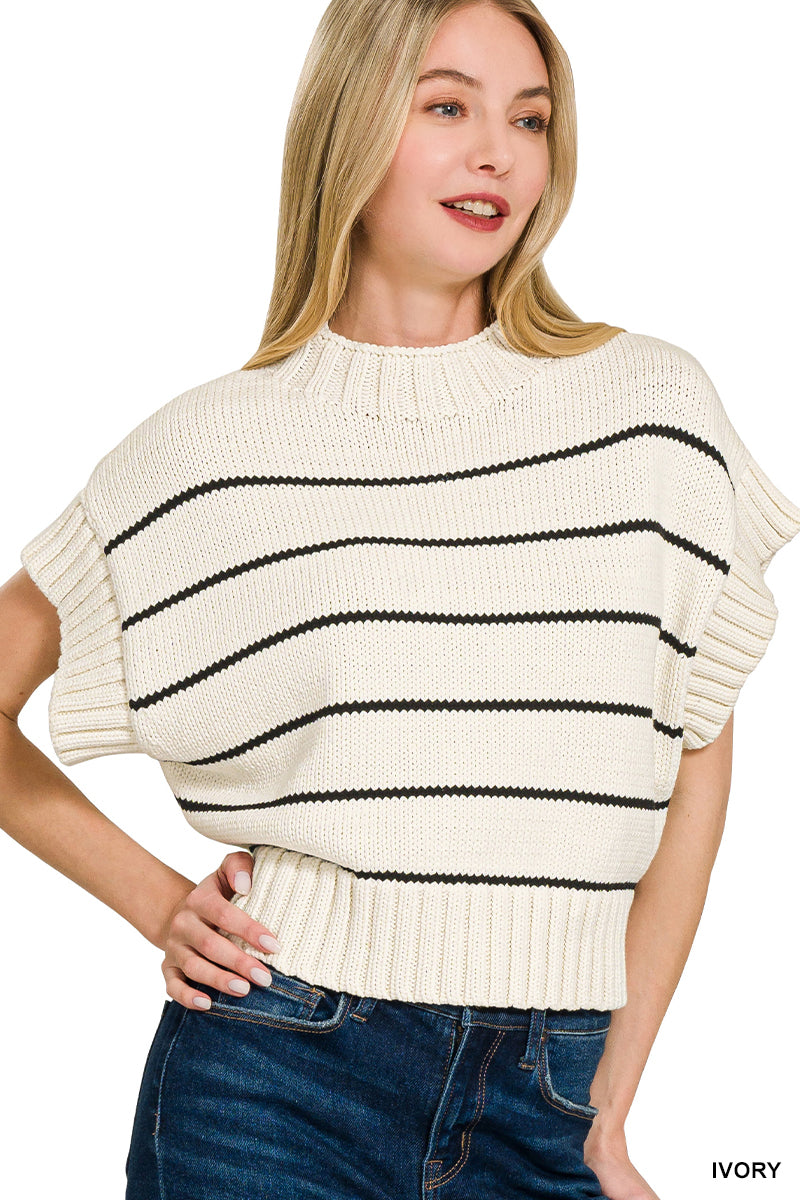 STRIPED CROPPED MOCK NECK SWEATER