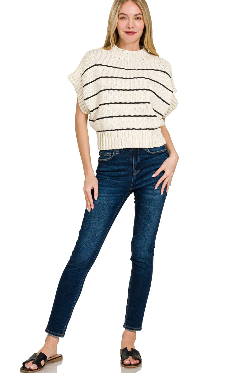 STRIPED CROPPED MOCK NECK SWEATER