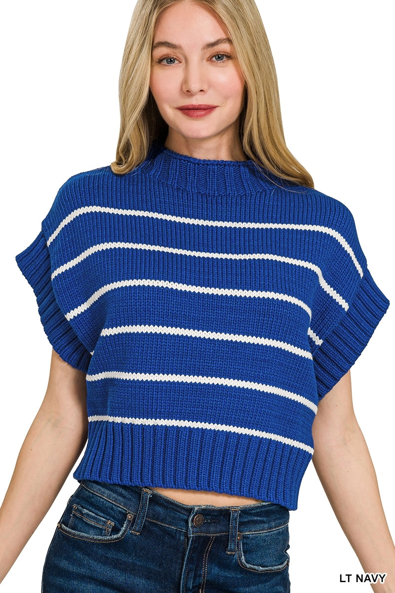 STRIPED CROPPED MOCK NECK SWEATER