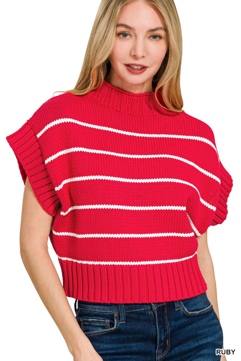 STRIPED CROPPED MOCK NECK SWEATER