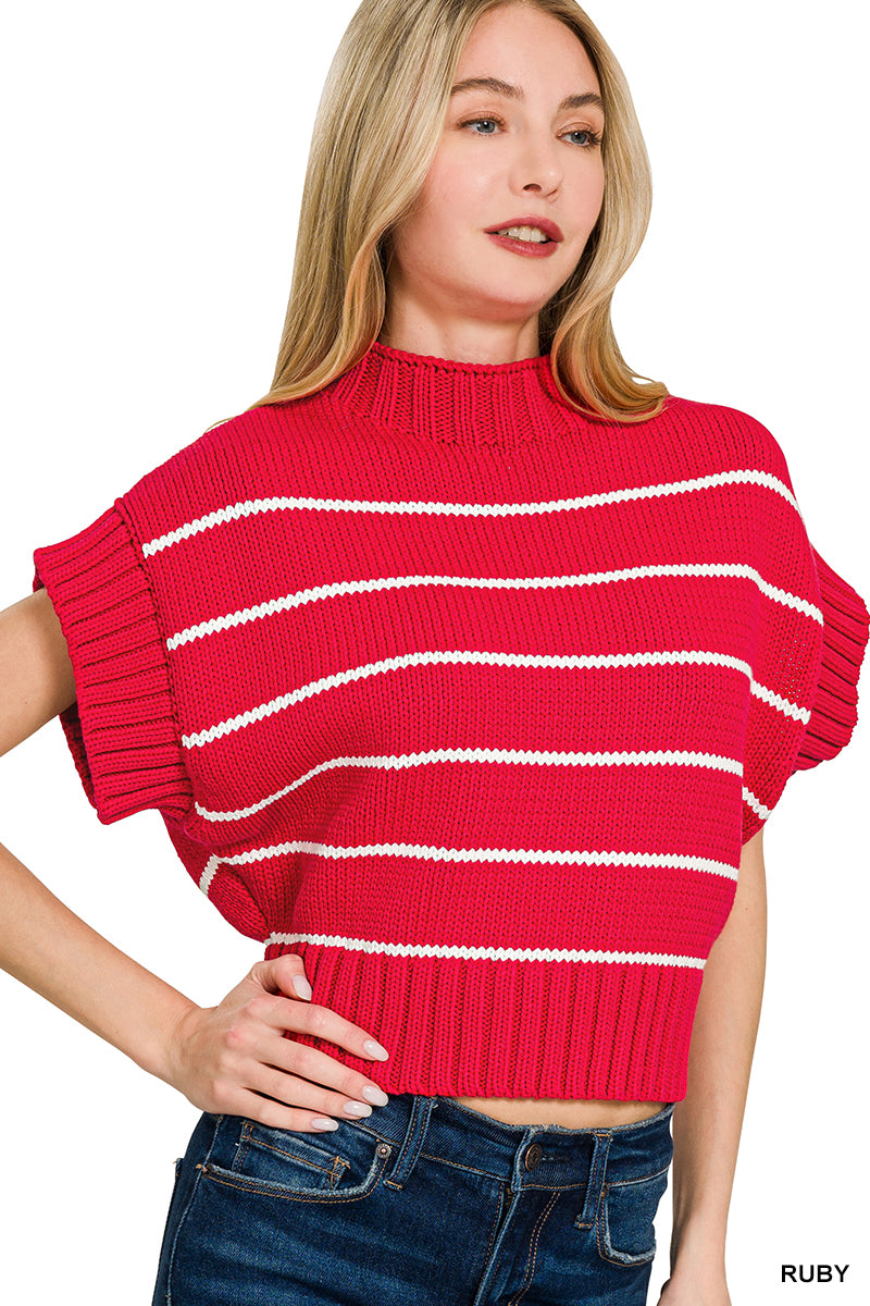 STRIPED CROPPED MOCK NECK SWEATER