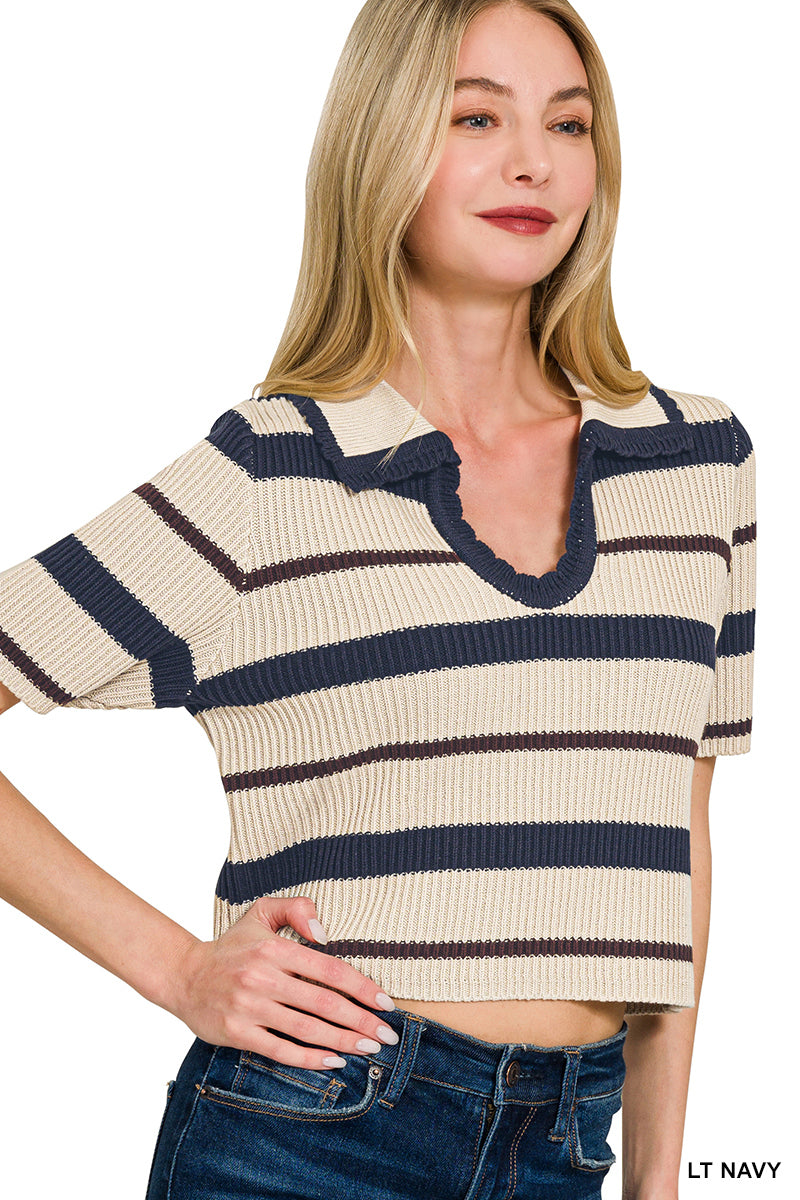 STRIPED COLLARED SHORT SLEEVE CROPPED SWEATER