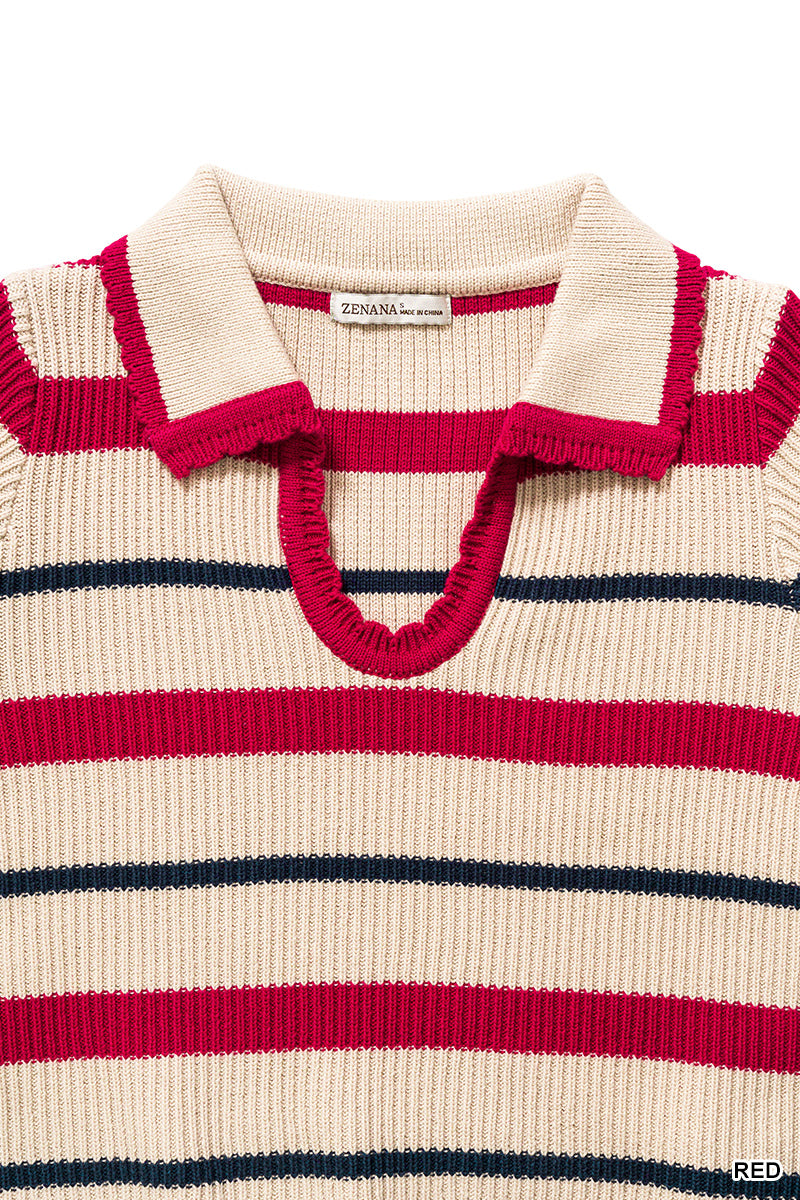 STRIPED COLLARED SHORT SLEEVE CROPPED SWEATER