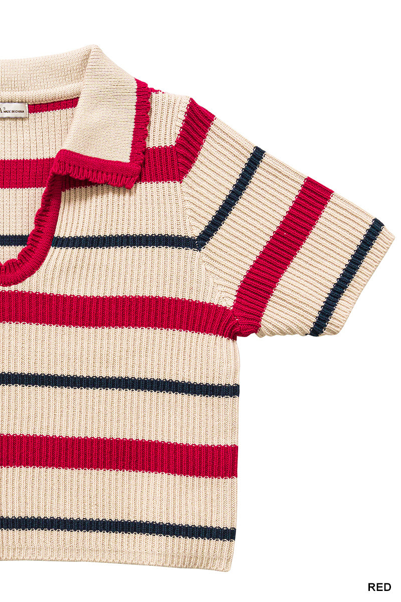 STRIPED COLLARED SHORT SLEEVE CROPPED SWEATER