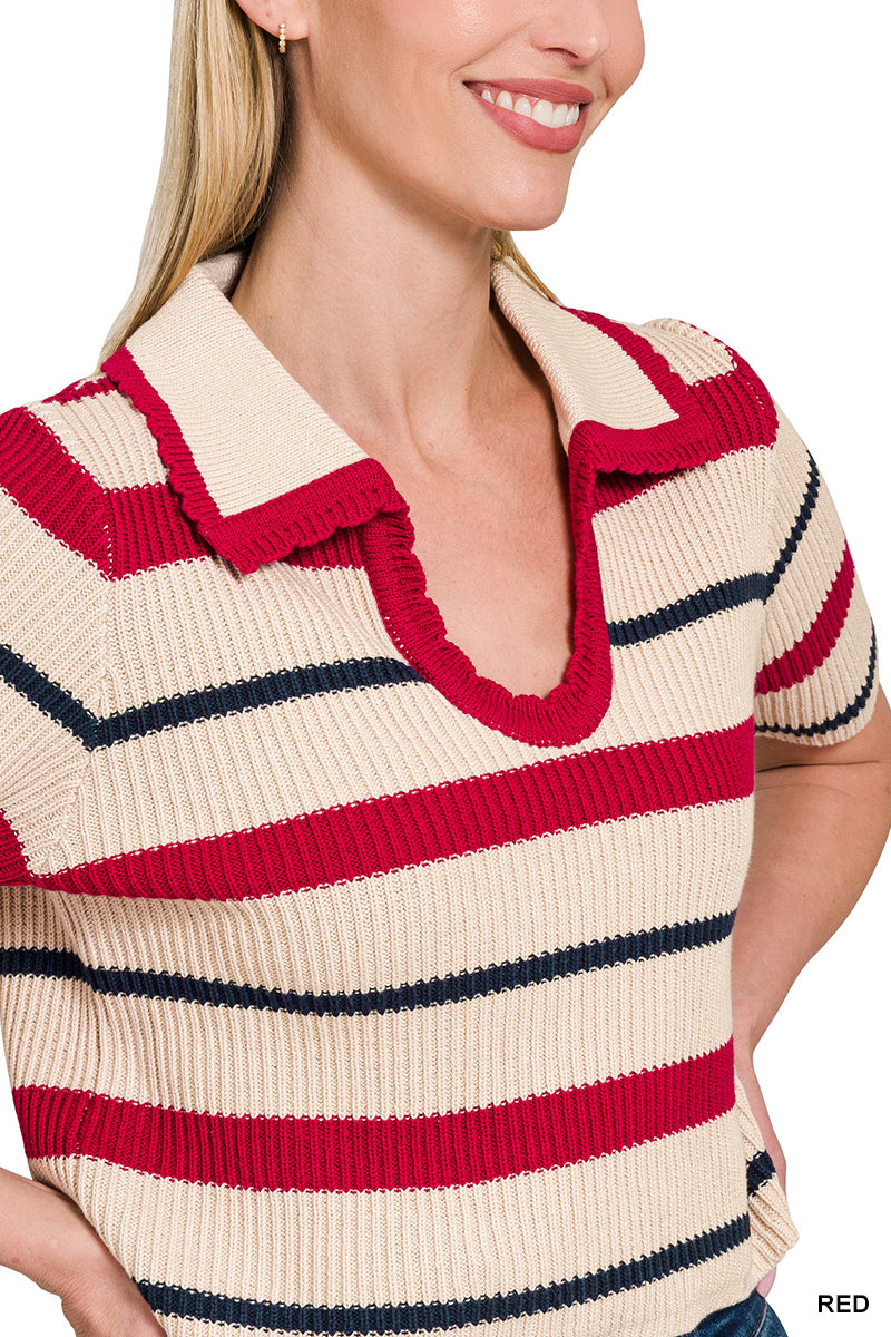 STRIPED COLLARED SHORT SLEEVE CROPPED SWEATER